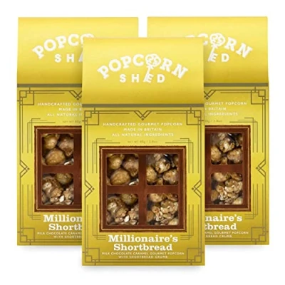 Image of Popcorn Shed 3 x Millionaire&#039;s Shortbread Gourmet Popcorn, Gift Box, Caramel Flavour with Milk Chocolate, Natural, Vegetarian Movie Night Snack, 80 g