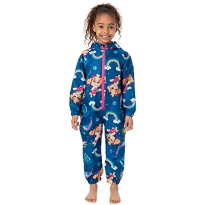 Image of Paw Patrol Girls Puddle Suit Navy Blue All In One Rain Coat for Children Skye Rescue Pups Shooting Star Rainbow Print Long Sleeve with Cuffs Jacket Fun Merchandise Gift Kids &amp; Toddlers