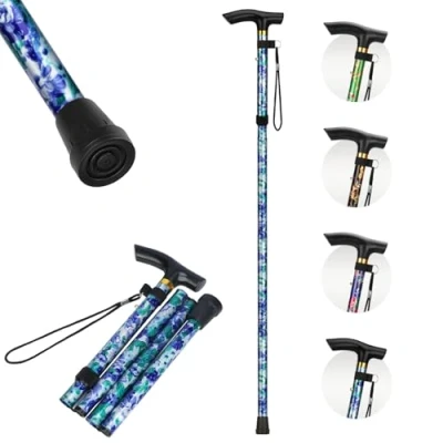 Image of supregear Folding Cane for Women, Lightweight Walking Stick Floral with Wrist Strap and T Handle, 5 Level Adjustable Height Travel Elderly Disabled Men Women Portable Cane, Indigo