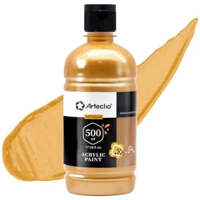 Image of Artecho Gold Acrylic Paint 500ml/17oz, Craft for Art Supply, Ideal Canvas, Fabric, Pumpkin, Rock, Leather, Model, Ceramic, Plastic, Clay, Glass.