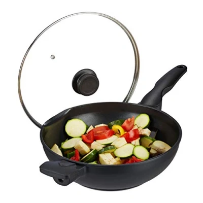 Image of Relaxdays 10031502 Wok with Glass Lid, 30 cm, Handles, Non Stick Coating, for Induction, Gas, Electric Cooker, 4 L, Black, Aluminium