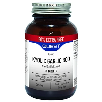 Image of Quest Kyolic Garlic 90 Tablets 600mg High Strength Odourless Aged Extract for Heart, Liver &amp; Immune Function. Daily Supplement, Improve Circulation, Detox Immunity (Pack of 1)