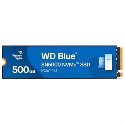 Image of WD Blue SN5000 500GB SSD, Read speeds up to 5000 MB/s, NVMe internal PCIe Gen4, Free Acronis True Image data migration software, solid state drive.