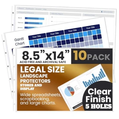 Image of PERFORMORE 10 Pack of 8.5 x 14 Legal Landscape Sheet Protectors, Paper Sleeves, Clear Archival Quality, Horizontal Size Protectors for Binders Documents