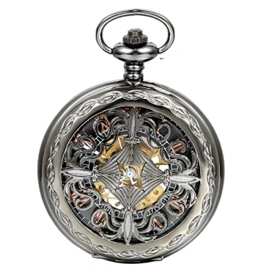 Image of JewelryWe Hunter case Pocket Fob Watch Mechanical Black Dial Celtic Knot Hollow with Gift Bag