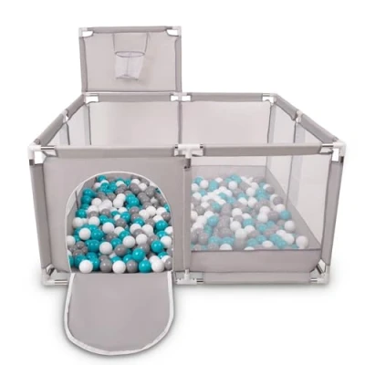 Image of Selonis Square Play Pen Filed with 200 Balls Basketball, Grey:Grey/White/Turquoise