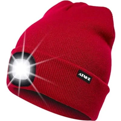 Image of ATNKE LED Lighted Beanie Cap,USB Rechargeable Running Hat Ultra Bright 4 Waterproof Light Winter Warm Gifts for Men and Women/Red