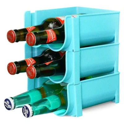 Image of ASAB Stackable Water Bottle Organiser Beer Holder For Cupboard Freezer Pantry Soda Can Ideal Kitchen Countertop Shelf Bar Beverage Storage Rack (Blue, Pack of 3)