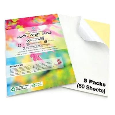 Image of Evergreen Goods™ 5 x 10 Sheets A4 White Matte Sticker Paper Labels Inkjet &amp; Laser Printable Quality Self Adhesive Sticky Back Sheet Can be Used for Cricut and Silhouette Cutting Machines