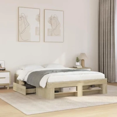 Image of vidaXL Bed Frame with Storage Sonoma Oak 140x190 cm Engineered Wood Plywood Slats for Bedroom Modern Double Drawers and Open Compartments Assembly Required