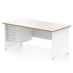 Image of Oslo 1600 x 800mm Edge Office Desk White Top Natural Wood Panel End Leg Workstation 1 3 Drawer Fixed Pedestal