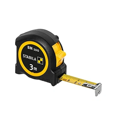 Image of STABILA BM 100 Pocket Tape Measure, 3 Metre Measure with Metric Scale, Shatterproof ABS Casing, Movable Initial Hook, Belt Clip, MID Accuracy
