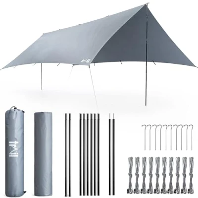 Image of Trail Camping Tarp Shelter with Poles (3m x 4m), Lightweight Waterproof 4000mm HH, UPF50+ UV Protection, Outdoor Hiking Hammock Rain Fly, Portable Heavy Duty Tarpaulin Pegs, Guy Lines &amp; Bag