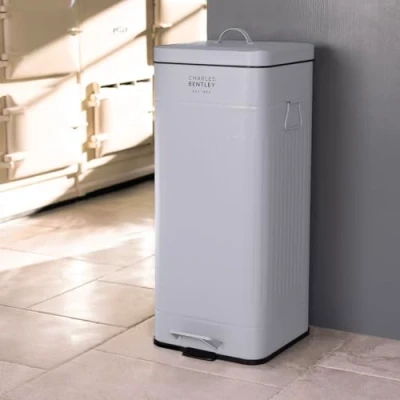 Image of CHARLES BENTLEY Kitchen Bin, 30 Litre, Steel, Square, Retro Style, Pedal Waste Light Grey, Contemporary, Aesthetic, Convenient, Side And Lid Handles, Inner Bucket, Easy Emptying (67x27cm)