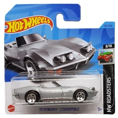 Image of Hot Wheels &#039;72 Stingray Convertible HW Roadsters 8/10 HKK12 Short Card GM Silver Metallic Mattel 2023 1:64