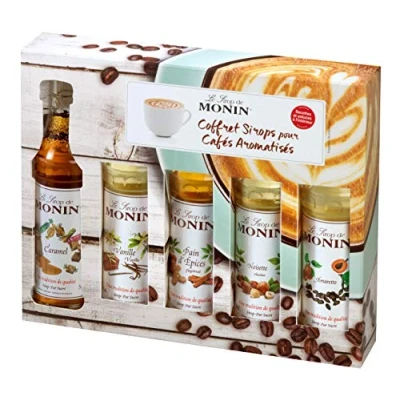 Image of MONIN Coffee Syrup Gift Set 5x5cl. 1x Vanilla, Caramel, Hazelnut, Amaretto, Gingerbread for Coffee. Perfect Flavoured Coffees, Hot Chocolates and Frappes. Vegan, Natural Flavours