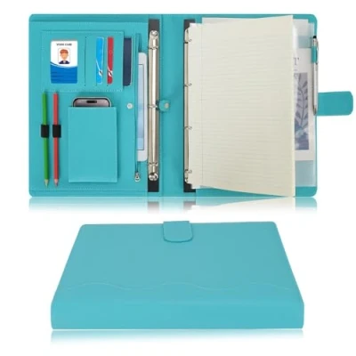 Image of Wonderpool A4 PU Leather 4 Ring Holder Writing Portfolio Multi Document Case with Removable Binder Clipboard and Functional Pocket for Organizer Office Travel School (Cyan)
