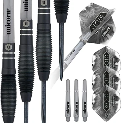 Image of Unicorn Steel Tip Darts Set Noir Style 1 90% Tungsten Barrels with Black Titanium Coating &amp; Volute Points 21 g
