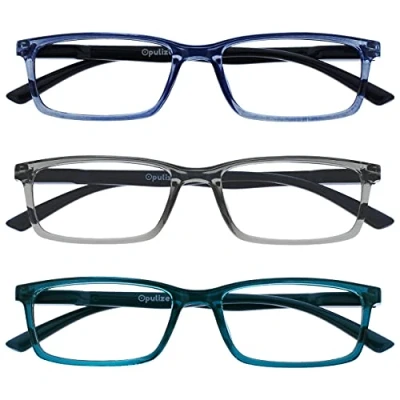 Image of OPULIZE See Reading Glasses 3 Packs with Blue Light Blocking Narrow Frame Spring Hinges Improve Sleep Computer Gaming Transparent Grey Turquoise Mens Womens BBB9 37Q +3.50