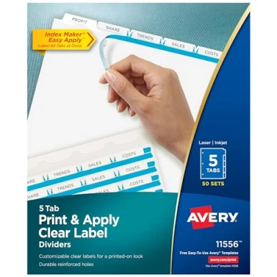 Image of AVERY 5 Tab Binder Dividers, Easy Print &amp; Apply Clear Label Strip, Index Maker, White Tabs, 50 Sets (11556)