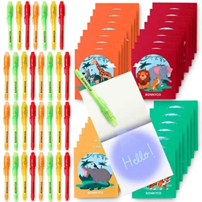 Image of BONNYCO Invisible Ink Pen and Notebook, Pack 32 Jungle Animals Party Bags Filler, Pinata Toys Birthday Decorations Stocking Fillers for Kids School Prizes, Gifts Children