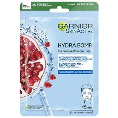 Image of Garnier Cloth Mask, Face Mask for Moisture Needing Skin, Revitalising and Moisturising, with Hyaluronic Acid Pomegranate Extract, Hydra Bomb, 28 g