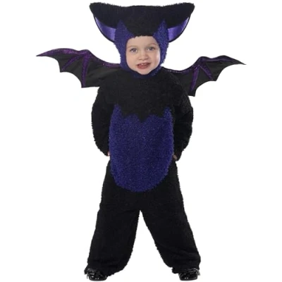 Image of Smiffys Bat Costume, Black with All in One, Hood &amp; Wings, Halloween Child Fancy Dress, Dress Up Costumes