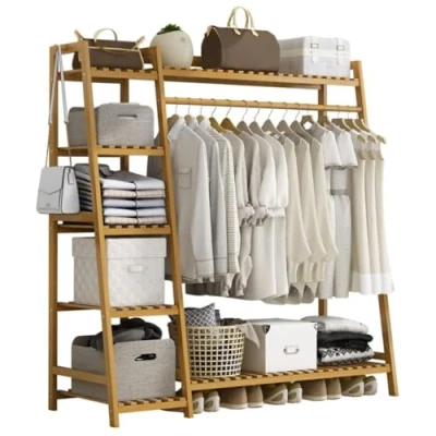Image of Neo Natural Bamboo Garment Clothes Rack Storage Shelf Hanging Rail Side Hooks for Entryway Bedroom Bathroom and Office