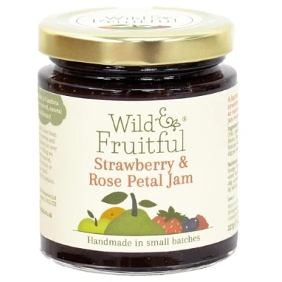 Image of Wild &amp; Fruitful Strawberry Rose Petal Jam 227g Jar Sweet with Hints of Hand Made in Cumbria