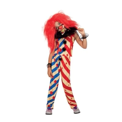 Image of Smiffys Creepy Clown Costume Top, Trousers, Mask &amp; Ruffles, Halloween Child Fancy Dress, Dress Up Costumes