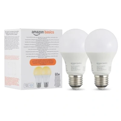 Image of Amazon Basics Smart A60 Dimmable LED Light Bulb, E27 Base, Soft White, 2.4GHz WiFi, 8.5W, Works with Alexa Only, 2 Pack