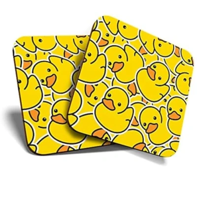 Image of Great Coasters (Set of 2) Square/Glossy Quality Coasters/Tabletop Protection for Any Table Type Yellow Rubber Ducks Duckling #2078