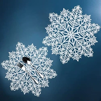 Image of White Snowflake Placemats Sets of 12 Laminated Metallic Vinyl Round 15 inch Diameter Winter Festival Table Decorations for Holiday Christmas Party Feast by Snowkingdom