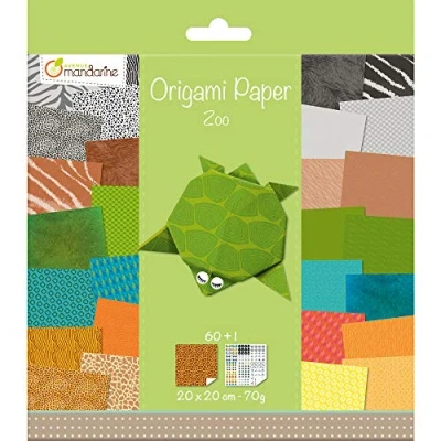Image of Avenue Mandarine Ref 52504MD Origami Sheet Pack Zoo Animals Animal Prints, 20 x 20cm Sheets, 60 Printed of Eye Stickers, Suitable for Ages 7+