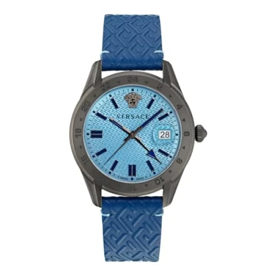 Image of Versace Greca Time Gmt Mens Blue Watch VE7C00423 Leather (archived) One Size