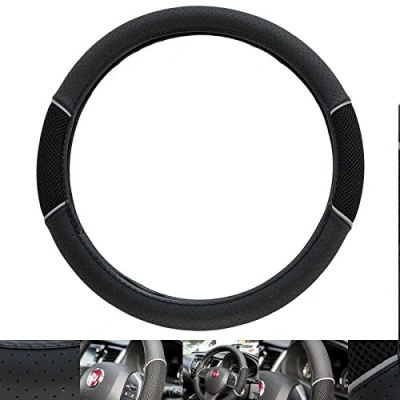 Image of UKB4C Leather Look Black &amp; Grey Vented Steering Wheel Cover for Skoda Fabia All Models