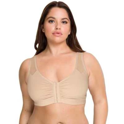 Image of Fruit of the Loom Women&#039;s Comfort Front Close Sport Bra with Mesh Straps Bra, Sand, 38
