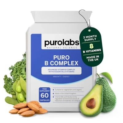 Image of Vitamin B Complex High Strength Eight Essential Vitamins Absorption Methylated with Folate, B6 &amp; B12 60 Vegan Capsules Made in The UK by Purolabs