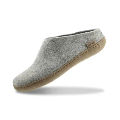 Image of GLERUPS Slip on Slippers Women and Men (Grey) Unisex Wool with Leather Sole Comfy Cosy Gents Ladies