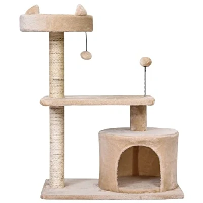 Image of PawHut Mult level Cat Tree Scratch Post Scratcher Climbing Tower Kitty Activity Center Condo Perch Jumping Platforms Beige 61L x 41W 81H cm