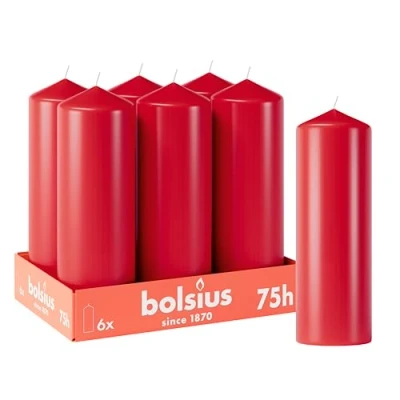 Image of Bolsius Smooth Pillar Candles Red Pack of 6 20 x 7 cm Decorative Household Burn Time 75 Hours Unscented Contains Natural Plant Wax Without Palm Oil