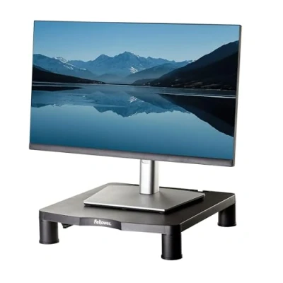 Image of Fellowes Everyday Monitor Stand Adjustable Computer Riser with 3 Height Levels &amp; Cable Management Ergonomic for Monitors, Laptops, iMac, PC Max Load 27kg Black