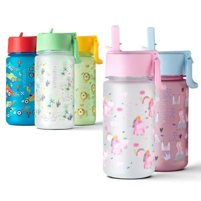 Image of VINSUN Kids Water Bottles with Unicorn 500ml Leak proof, Tritan, BPA free Pink Drinking Bottle Straw for Kindergarten, School, Sport Boys or Girls
