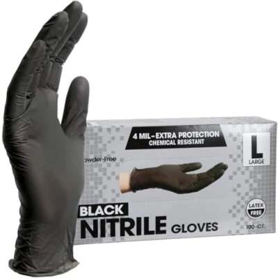 Image of PROMART Disposable Nitrile Gloves Black, Chemical Resistant, Powder Free, Latex Non Sterile, Food Safe, Black,100 Count (100, LARGE)