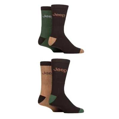 Image of Mens 4 Pair Jeep Plain Regenerated Cotton Boot Socks Brown / Green 6 11