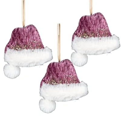 Image of 3Pcs Pink Burgundy Mini Santa Hat 13x12cm Christmas Tree Hanging Decorations Festive Decorative Ornaments Fairy Tale Themed Xmas Pendant