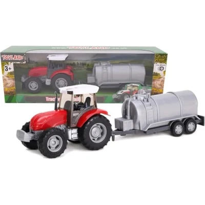 Image of Toyland® 22.5cm Farm Tractor &amp; Tanker/Trailer Set Free Wheel Action Boys Toys (Red Tanker)