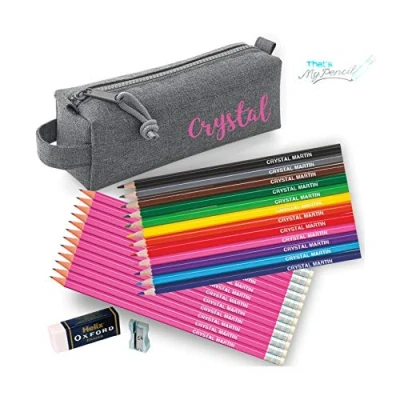 Image of Personalised Marl Grey Block Pencil Case with 12 Colouring Pencils, Matching HB Pencils Erasers Plus Helix Oxford Sharpener and Eraser (Pink)