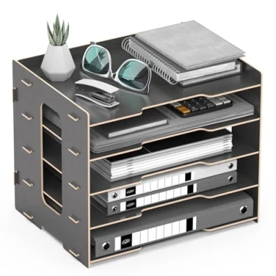 Image of Lesfit Wooden Desk Organiser Tray, Office Storage Solution with 5 Tiers