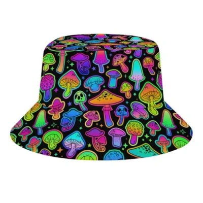 Image of Psychedelic Hippie Mushrooms 60s Bucket Hat for Women Men Packable Fisherman Sun Cap Travel Outdoor Beach Caps